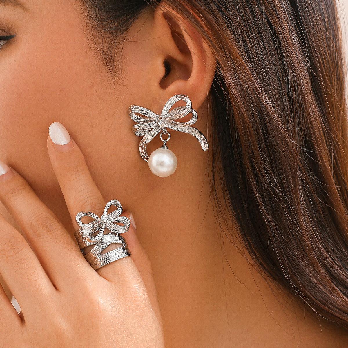 Design Bow Pearl Stud Earrings Sweet Cool - Gift85